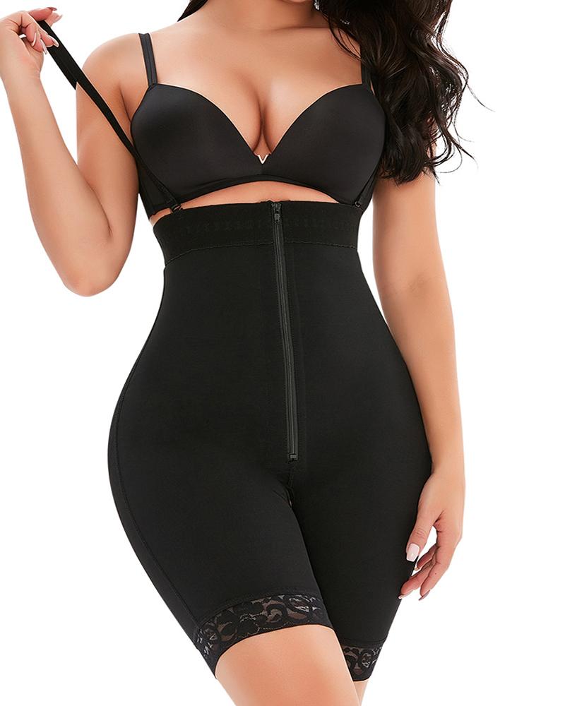 

Lace Trim Zipper Design Romper Body Shaper, Black
