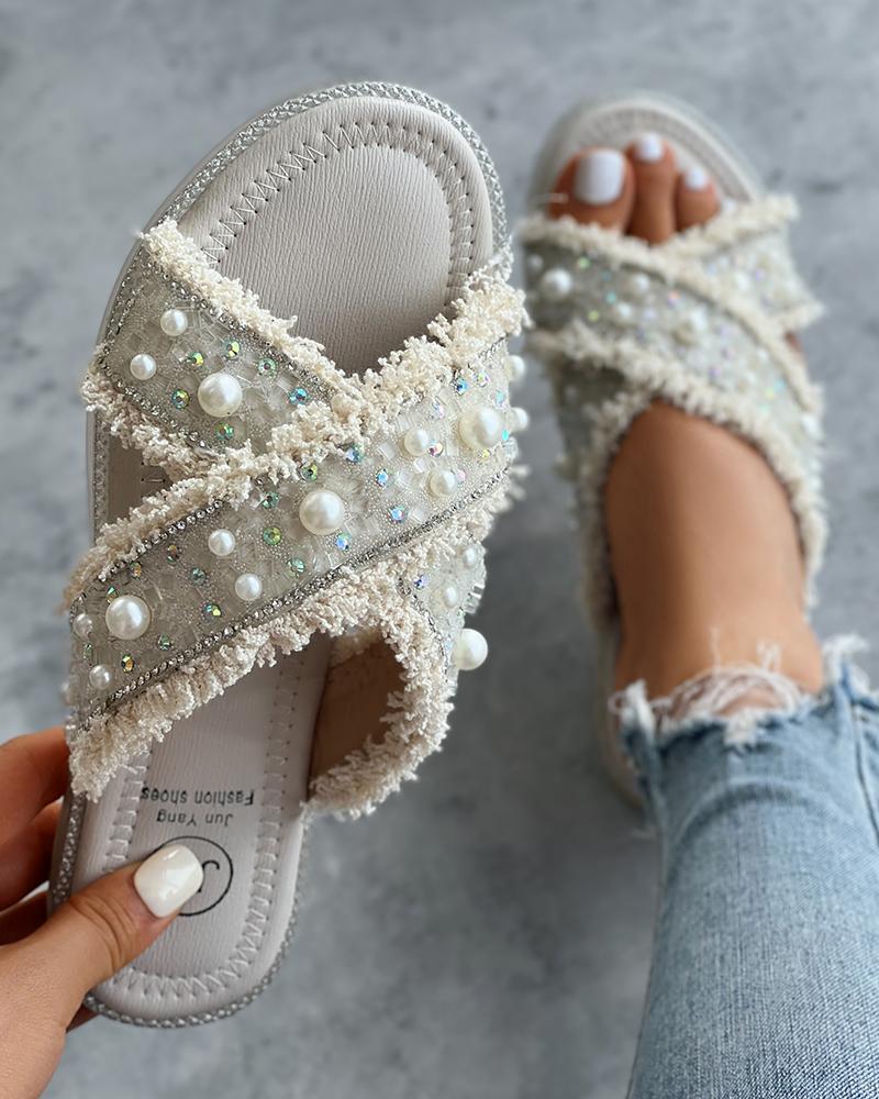 

Pearls Decor Fringe Hem Beach Bohemian Slippers, Beige