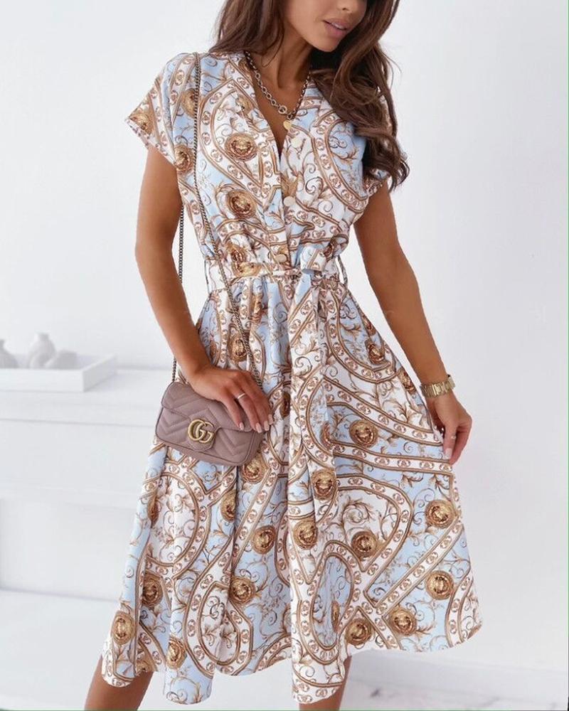 

Lace-up All Over Print Skinny Waist Short Sleeve Midi Dress, Blue