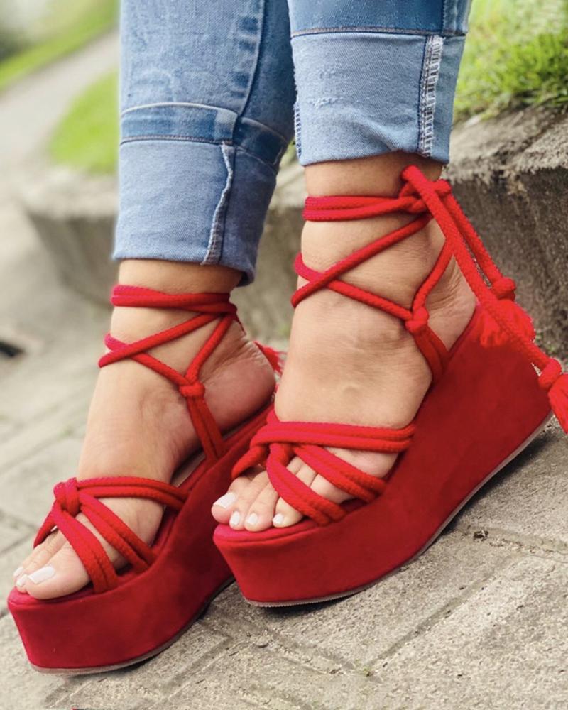 

Knotted Crisscross Slingback Wedge Sandals, Red