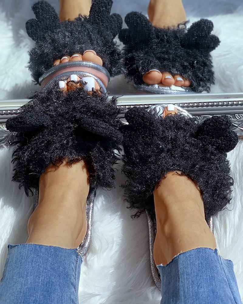 

Fluffy Heart Pattern Flat Slipper, Black