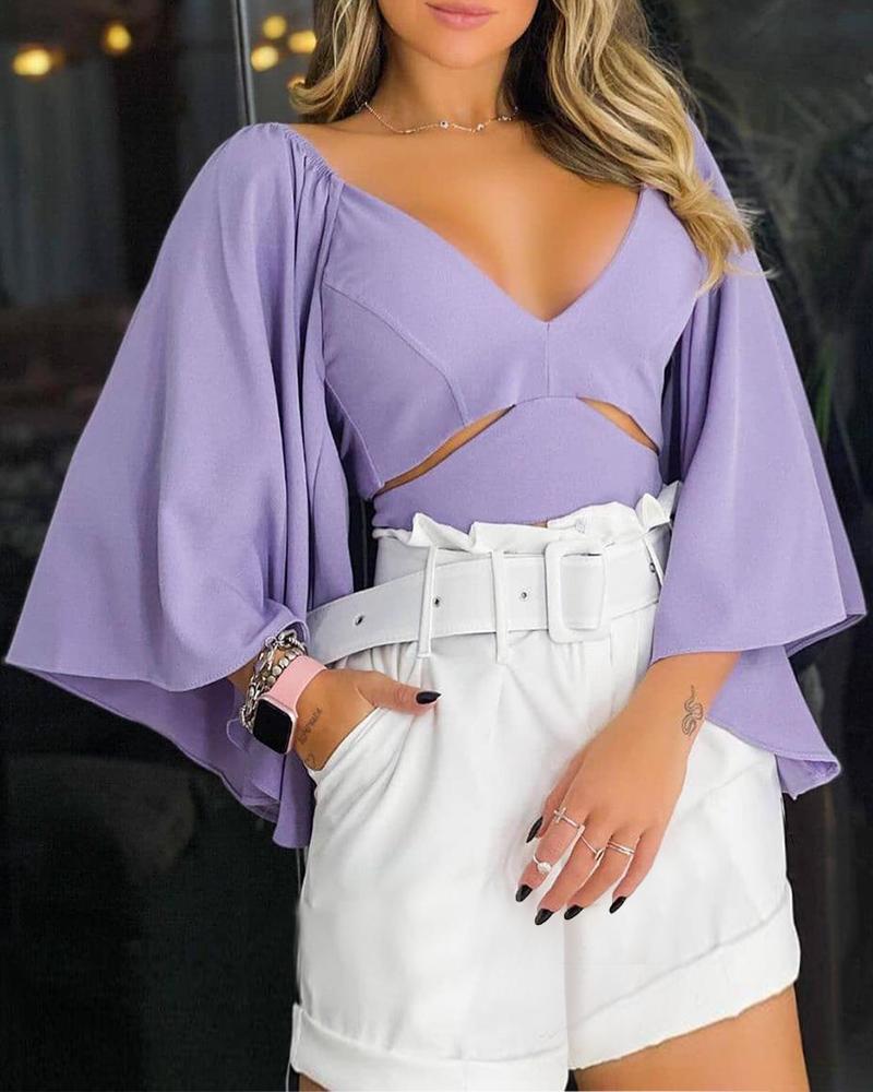 

Tied Detail Backless Bell Sleeve Top, Purple