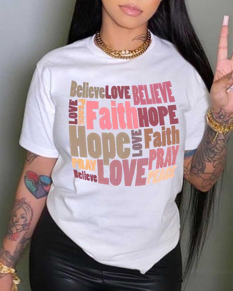 

Believe Love Peace Faith Hope Pray Print Casual T-shirt, White