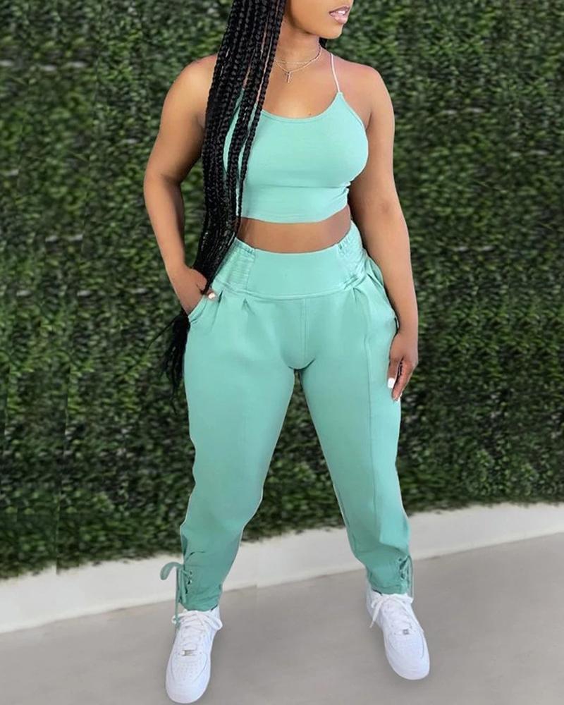 

Spaghetti Strap Crop Top & High Waist Pants Set, Blue