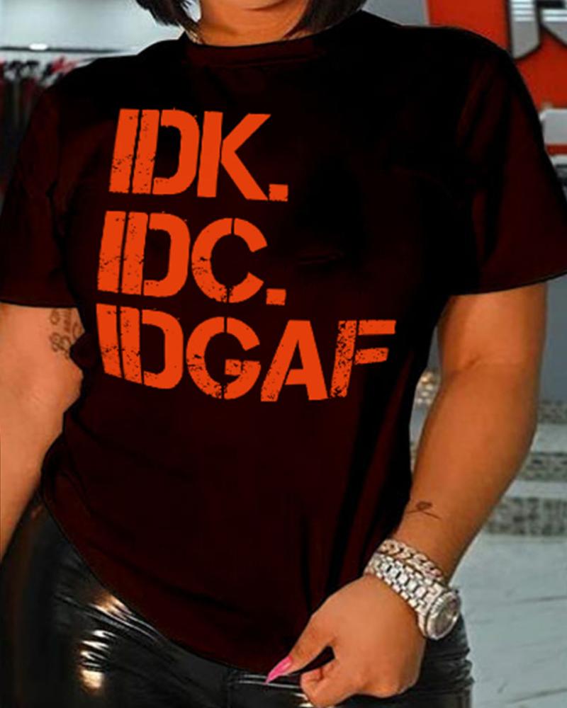 

Plus Size IDK IDC IDGAF Cute Funny Print Casual T-shirt, Black