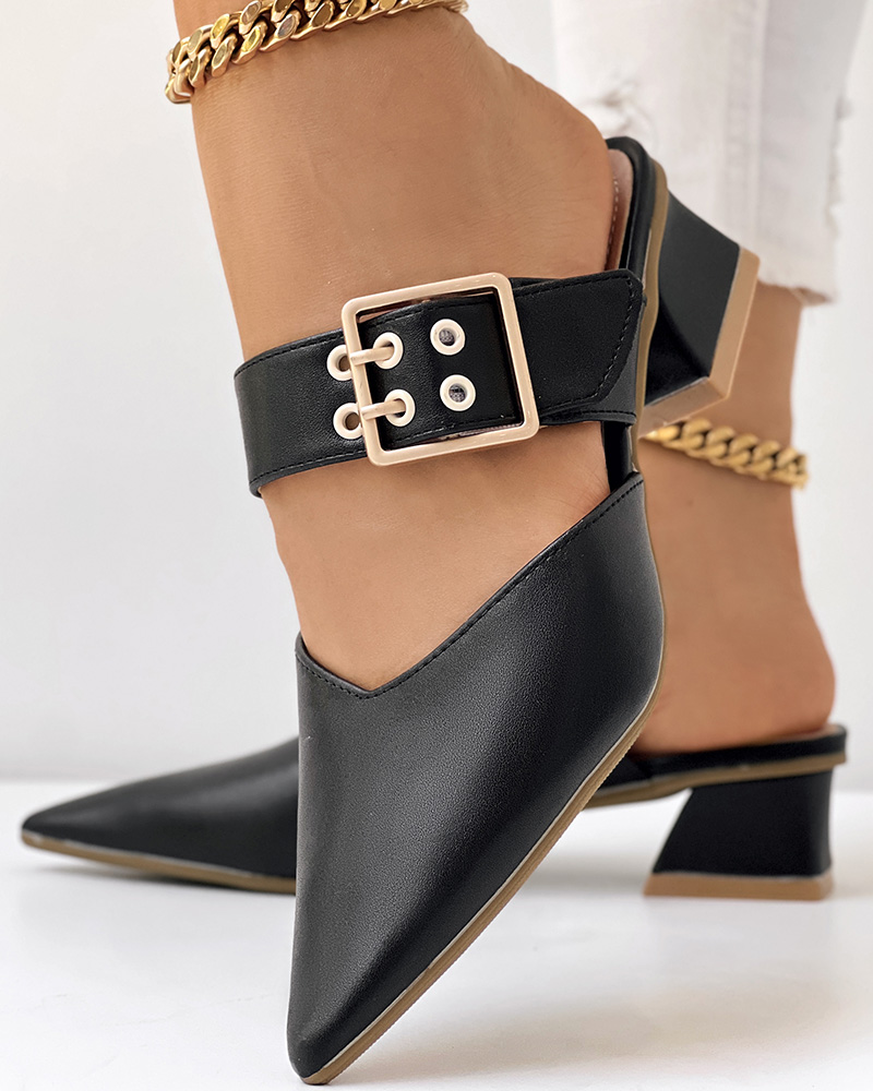 

Buckled Point Toe Chunky Heel Mules, Black