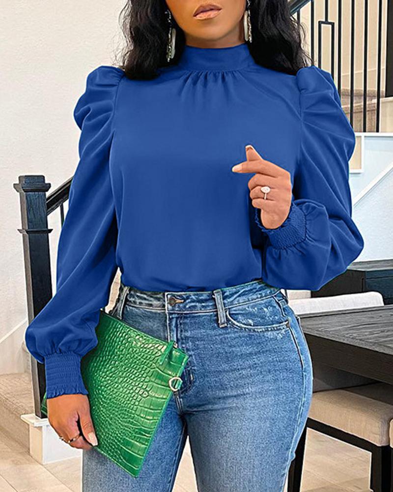 

Tie Back Shirred Puff Sleeve Top, Blue