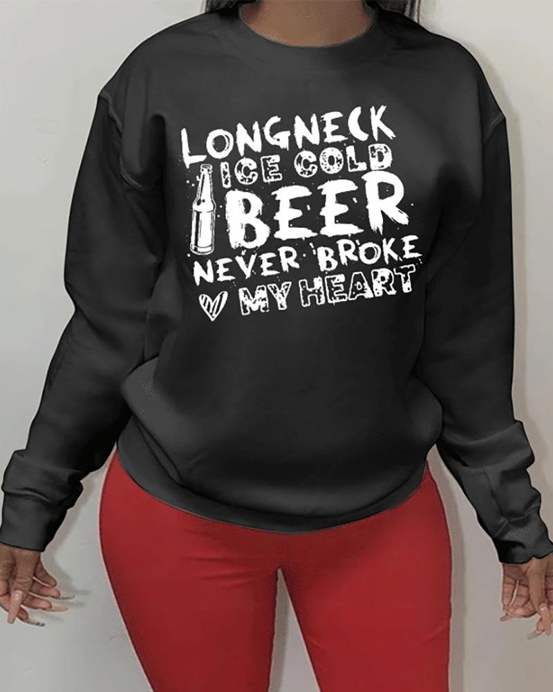 

Letter Print Long Sleeve Casual Top, Black