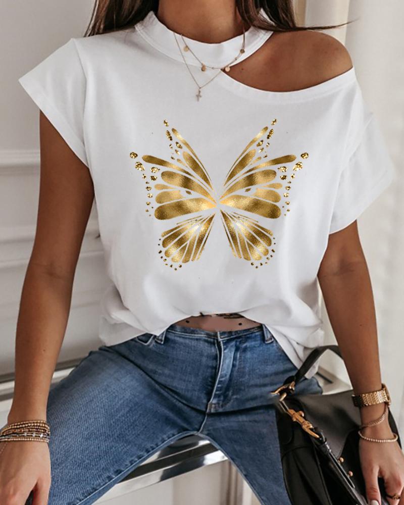 

Butterfly Print Cold Shoulder T-shirt, White