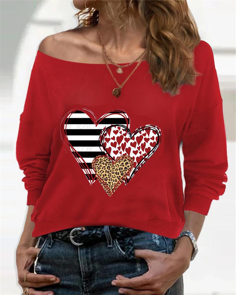 

Heart Print Long Sleeve Loose T-shirts Sweatshirts, Red