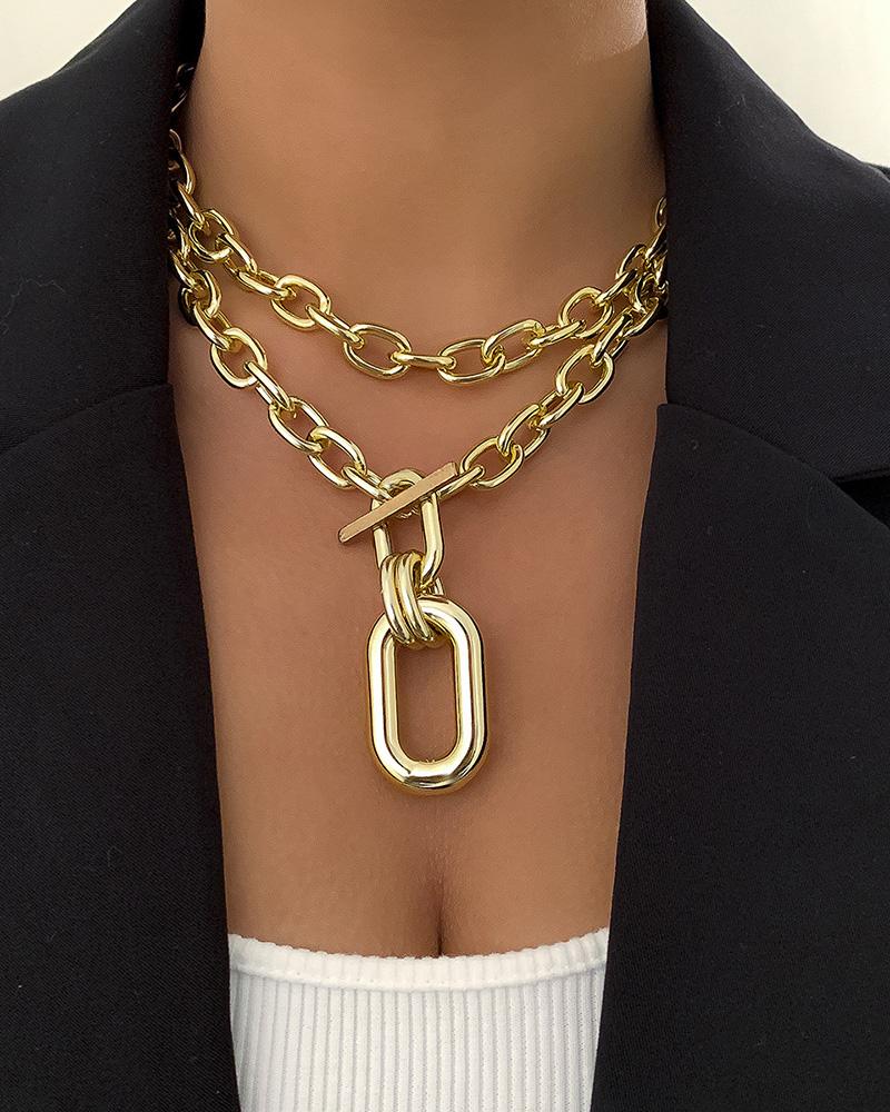 

Square Shaped Layered Chain Necklace, Gold