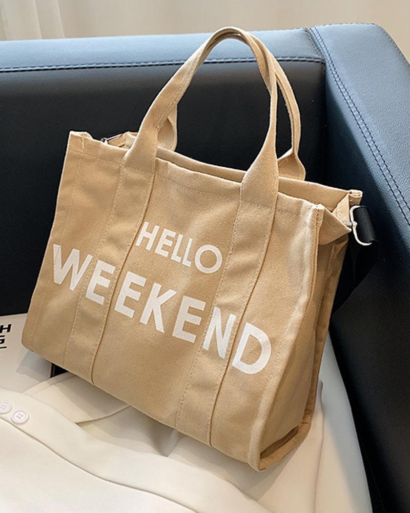 

Letter Print Large Capacity Tote Bag, Khaki