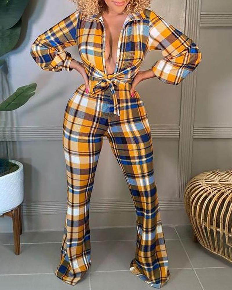 

Long Sleeve Plaid Print Tied Detail Bootcut Jumpsuit, Yellow