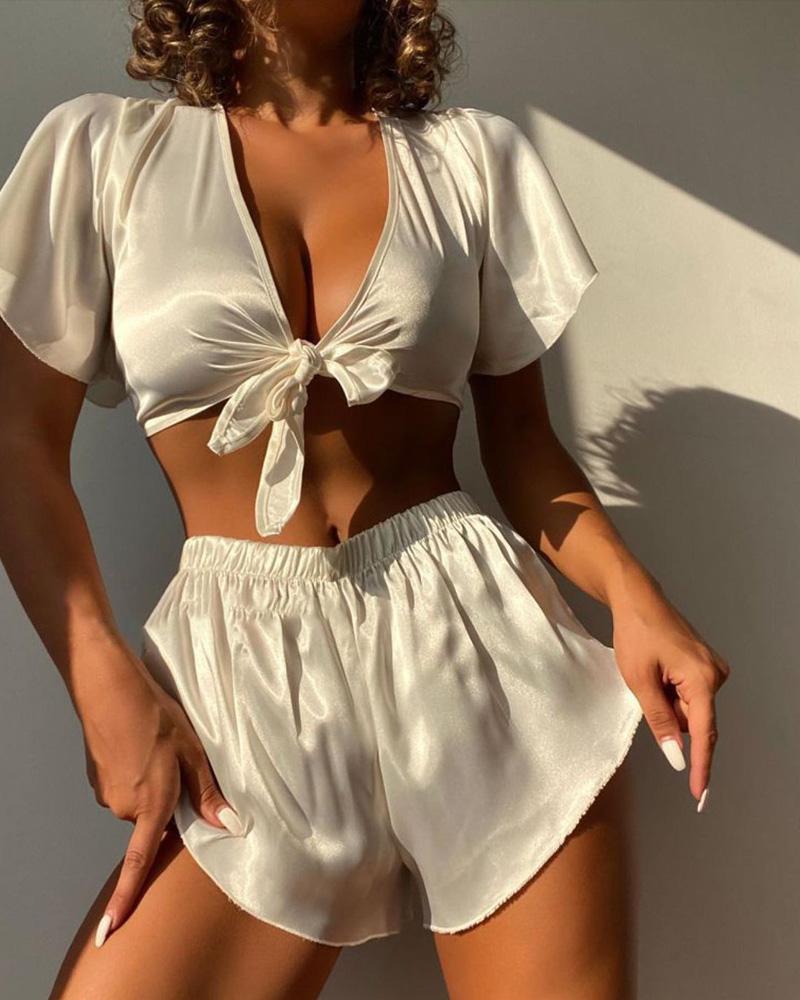 

Knot Front Satin Pajamas Set, White