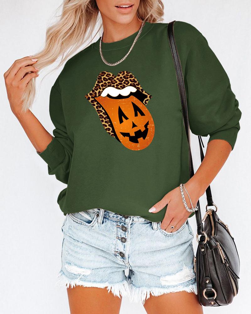 

Halloween O Neck Cheetah Lip Print Sweatshirt, Green