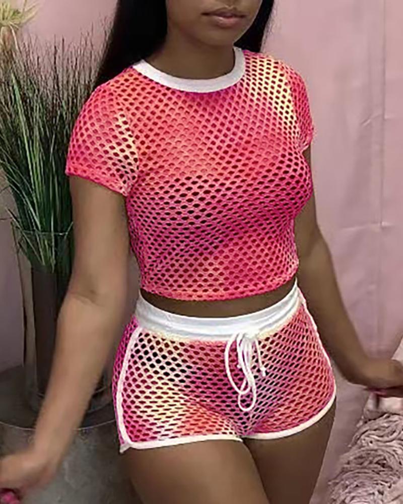 

Tie Dye Print Fishnet Top & Drawstring Shorts Set, Hot pink