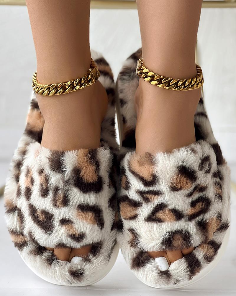 

Leopard Platform Fluffy Winter Slippers, Beige