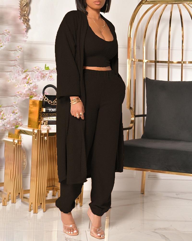 

Tank Teddy Top & High Waist Pants Set With Long Sleeve Coat, Black