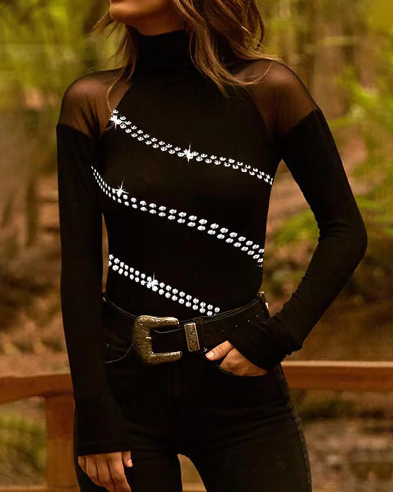 

Long Sleeve Sheer Mesh Patch Rhinestone Top, Black