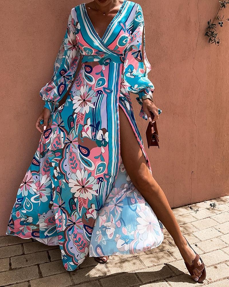 

Floral Print Lantern Sleeve Side Slit Dress, Blue