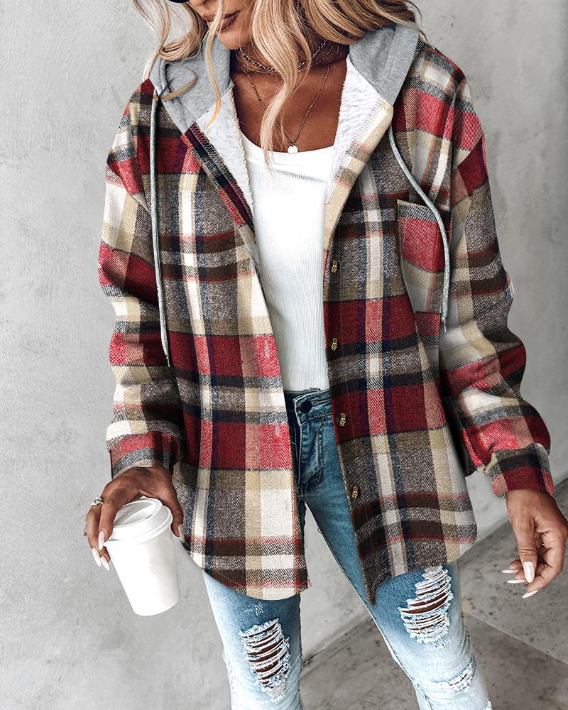 

Chaqueta con capucha y cordón ajustable, manga larga, botones frontales, diseño de bolsillo informal, forro térmico, abrigo cálido, Red