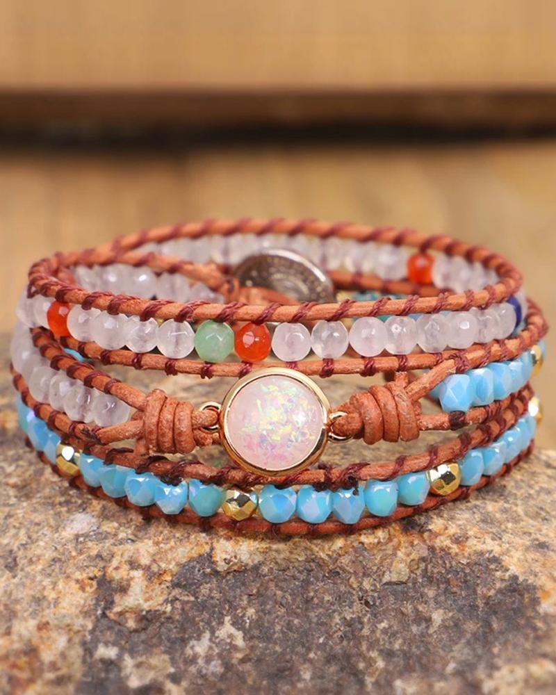 

1pc Crystal Stone Beaded Braided Multi-layer Bracelet, Blue