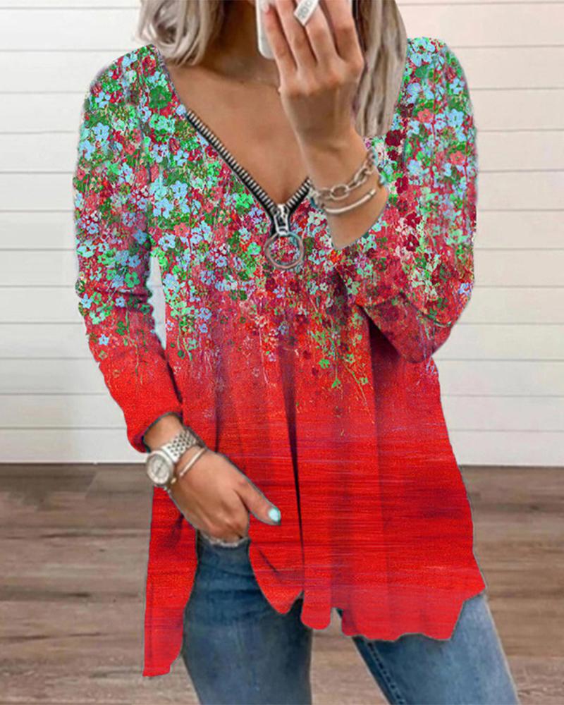 

Ditsy Floral Print Zipper Front Long Sleeve Top, Red