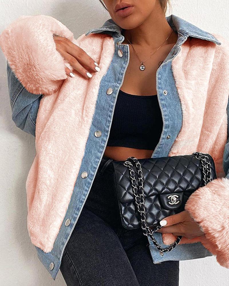

Denim Patch Snap Button Fuzzy Coat, Pink