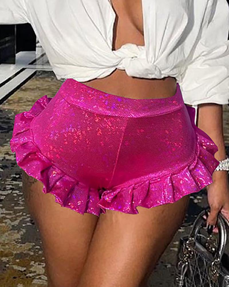 

Metallic Ruffle Hem High Waist Shorts, Hot pink