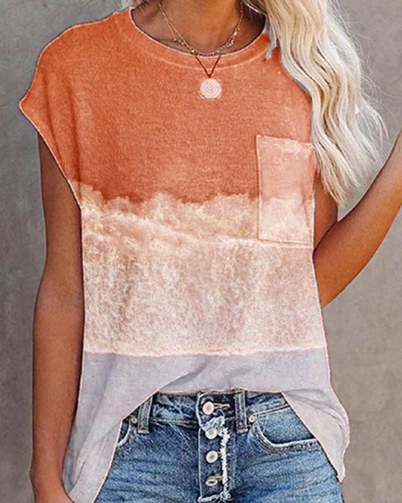 

Round Neck Short Sleeve Landscape Print T-shirt, Orange