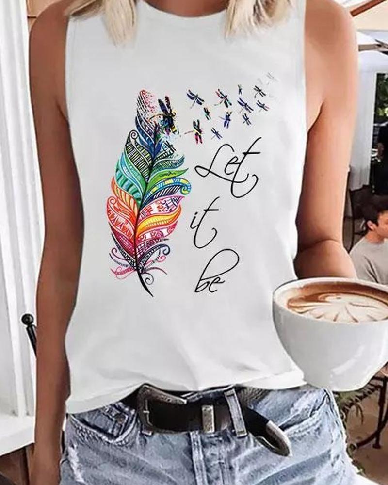 

Let It Be Feather Dragonfly Print Casual Tank Top, White