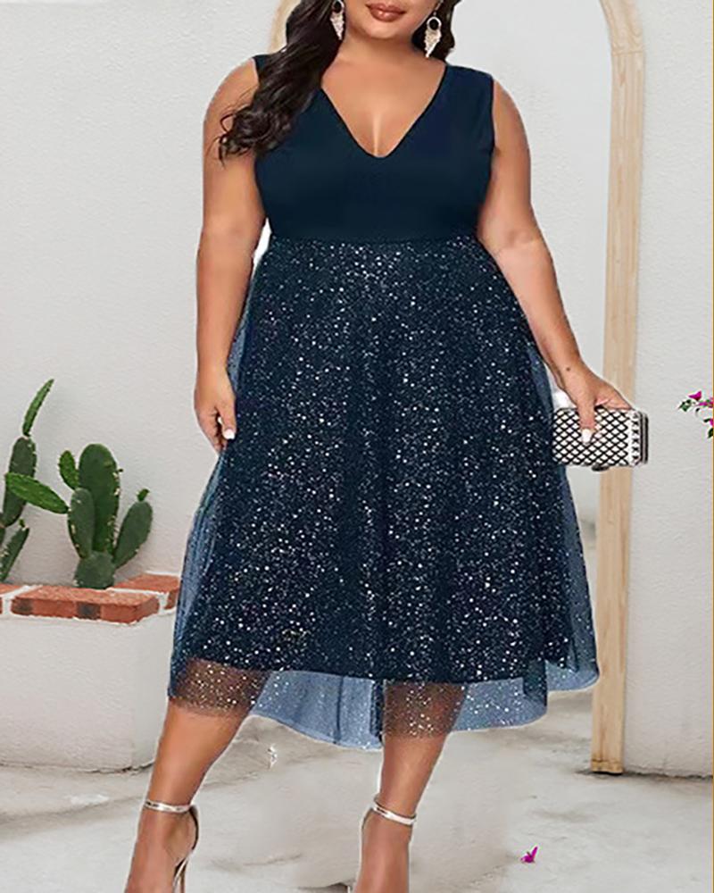 

Plus Size Sleeveless Sheer Mesh Party Dress, Blue
