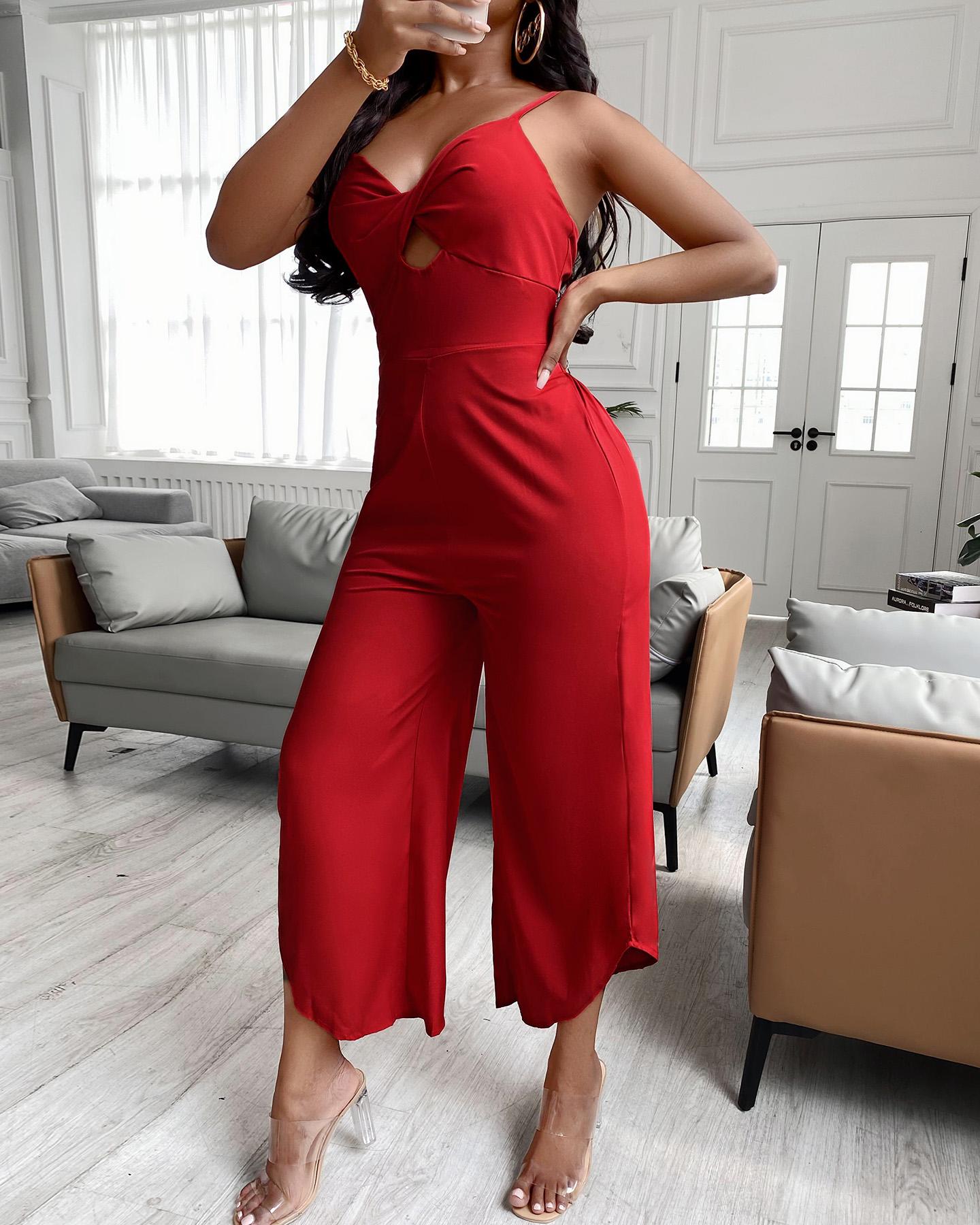 

Plain Twisted Cutout Backless Jumpsuit, Red