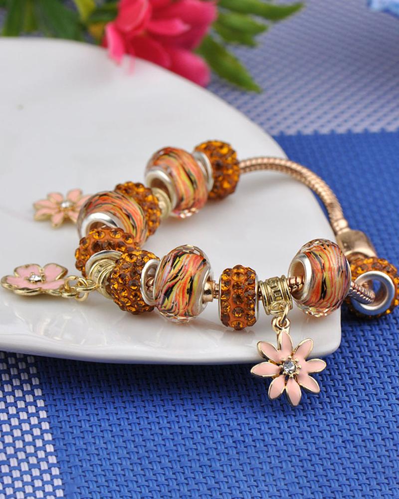 

1pc Rhinestone Decor Floral Pattern Beaded Bracelet, Multicolor