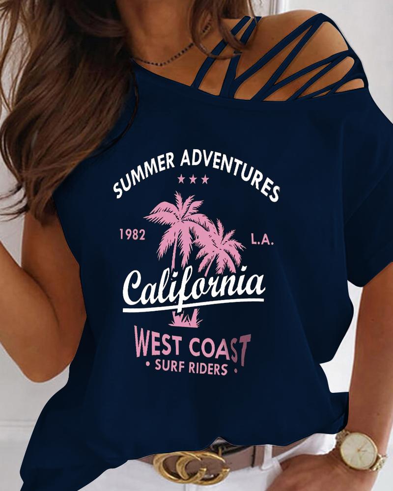 

Letter Tree Print Cold Shoulder Top, Purplish blue
