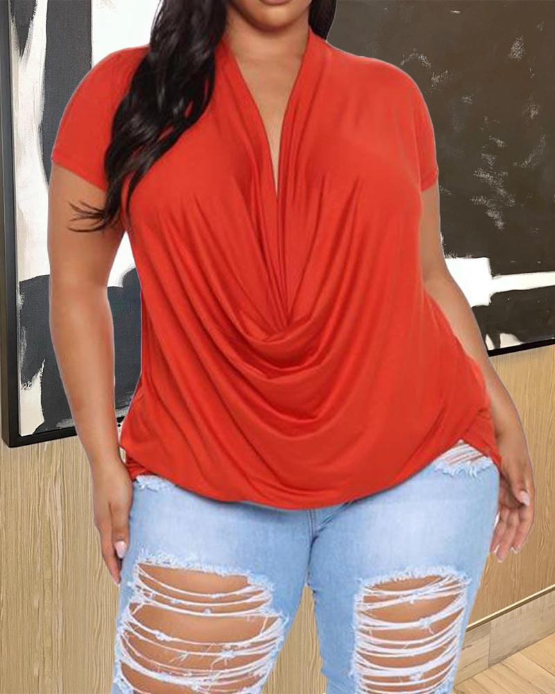 

Plus Size Cowl Neck Short Sleeve Casual T-shirt, Red