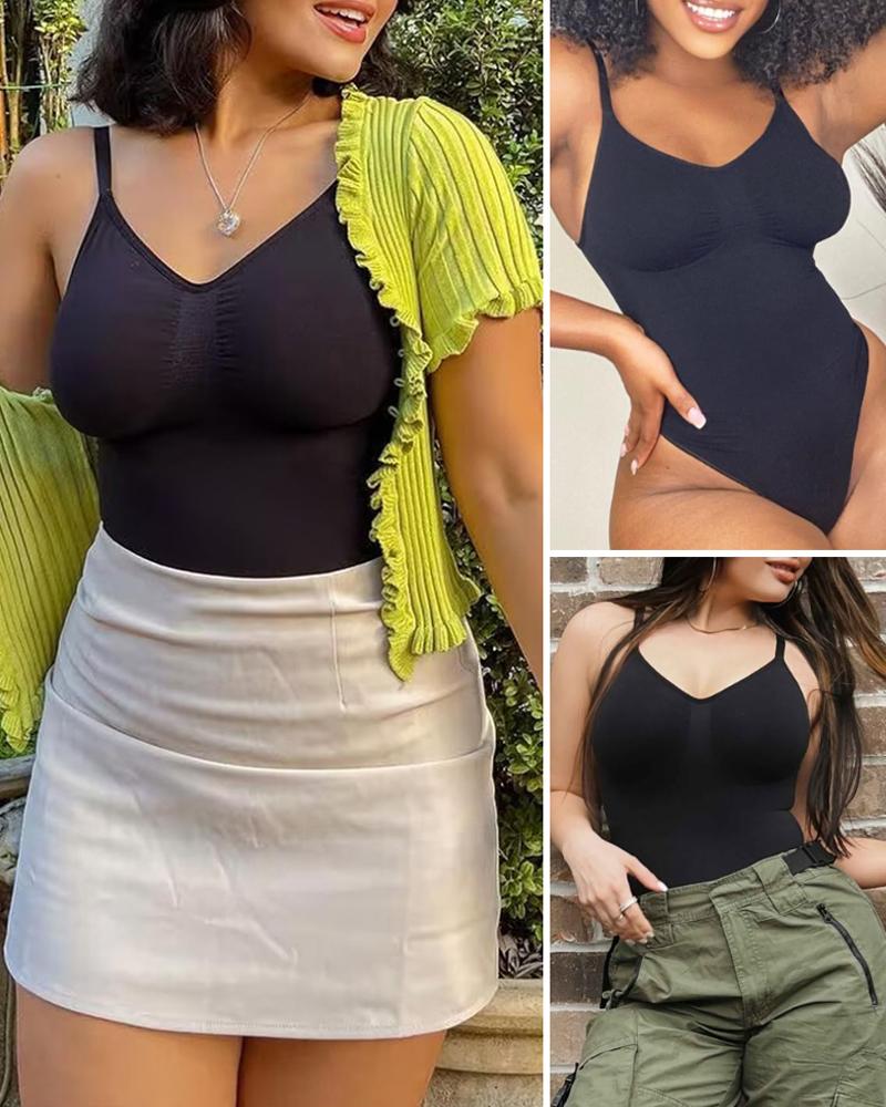 

Body sem mangas com decote em V para controle da barriga, modelador sem costura e altamente elástico, Black