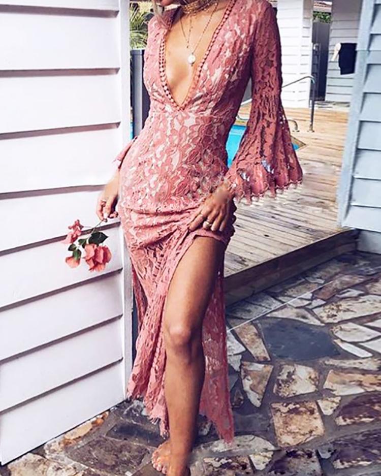 

Deep V Side High Slit Lace Maxi Dress, Pink