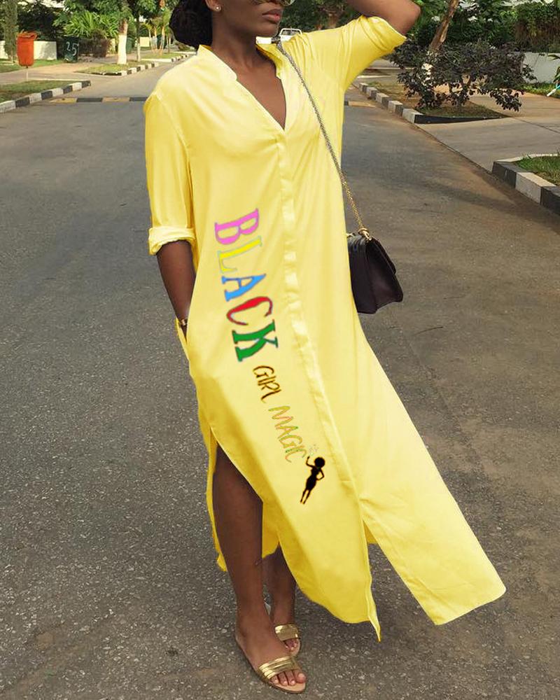 

Letter Print Split Hem Button Front Shirt Dress, Yellow