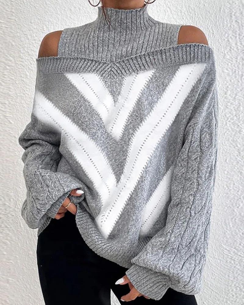 

Chevron Pattern Cold Shoulder Lantern Sleeve Knit Sweater, Gray