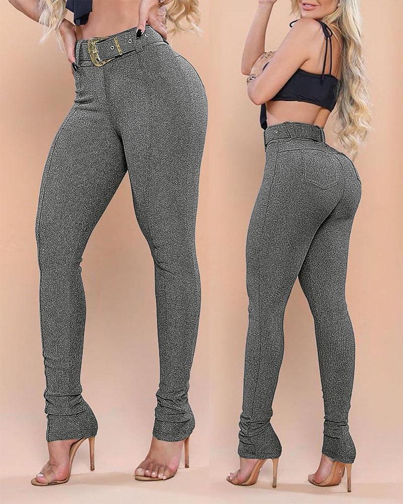 

Zipper Fly Skinny Pants With Belt, Gray