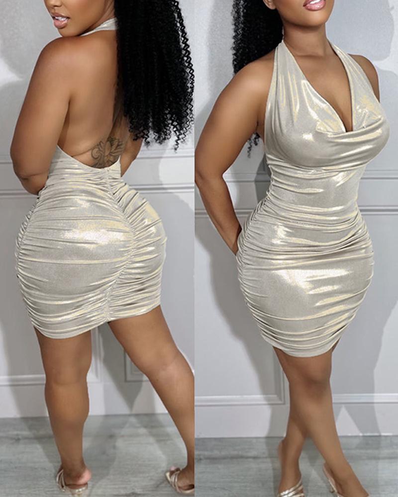 

Ruched Halter Backless Mini Dress, Champagne