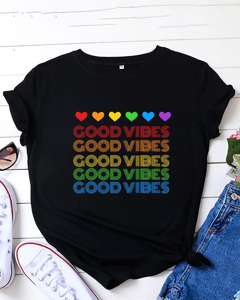 

Short Sleeve Letter Heart Print O-Neck Top, Black