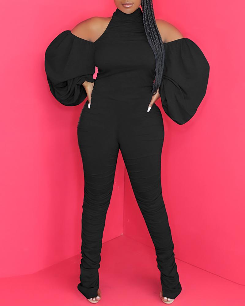 

Halter Backless Lantern Sleeve Ruched Jumpsuit, Black