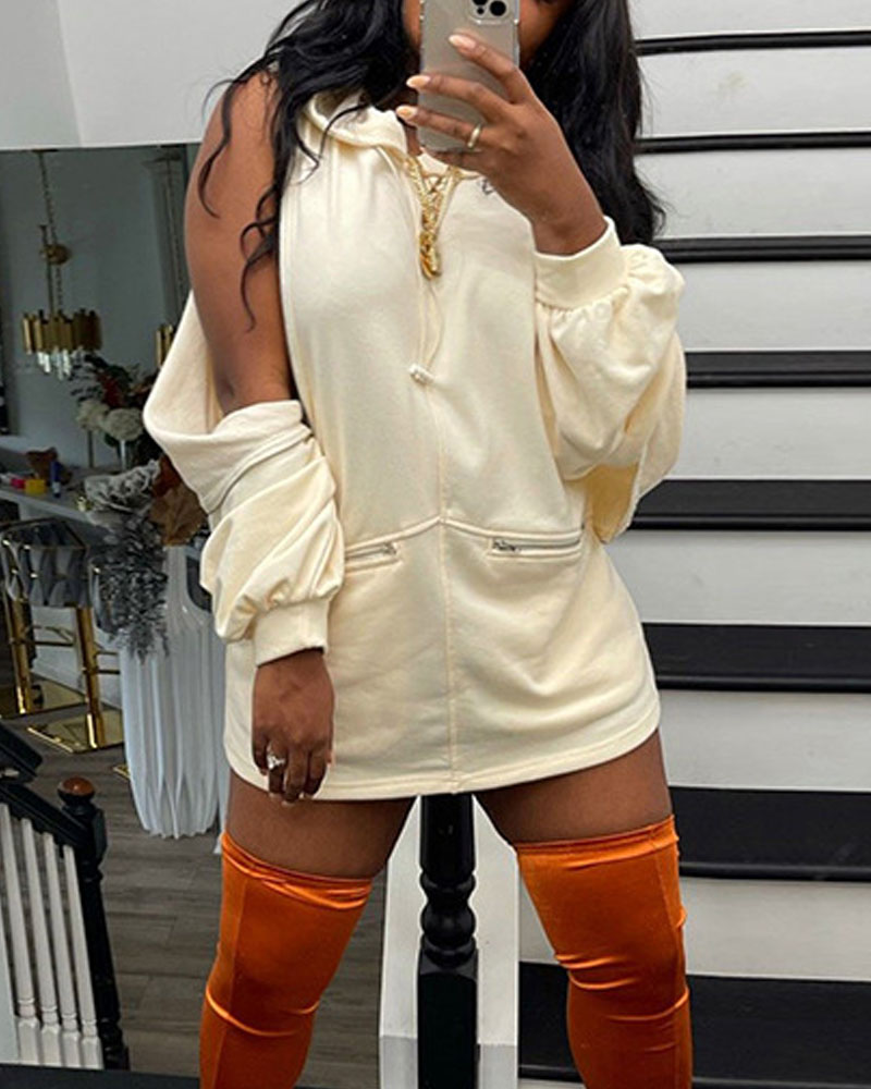 

Zipper Detail Lantern Sleeve Hooded Sweatshirt Dress, Apricot