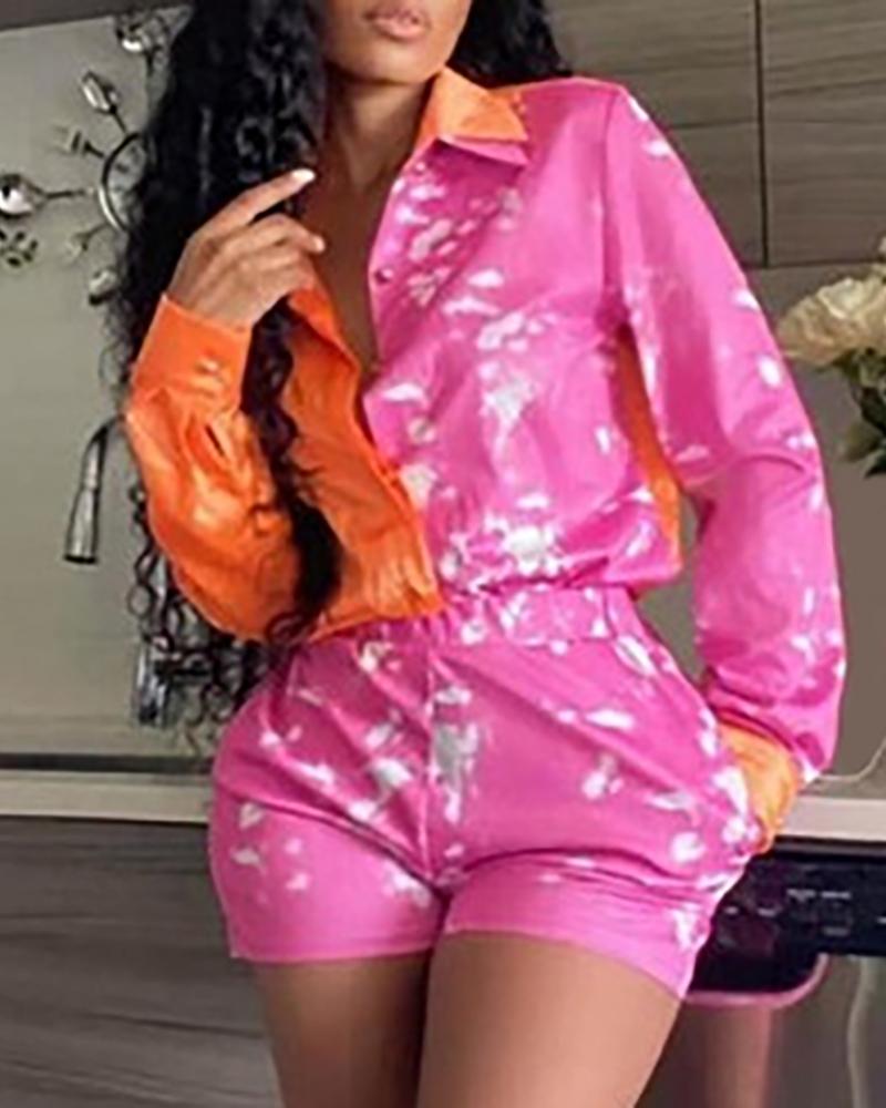 

Colorblock Satin Patch Button Front Top & Shorts Sets, Hot pink