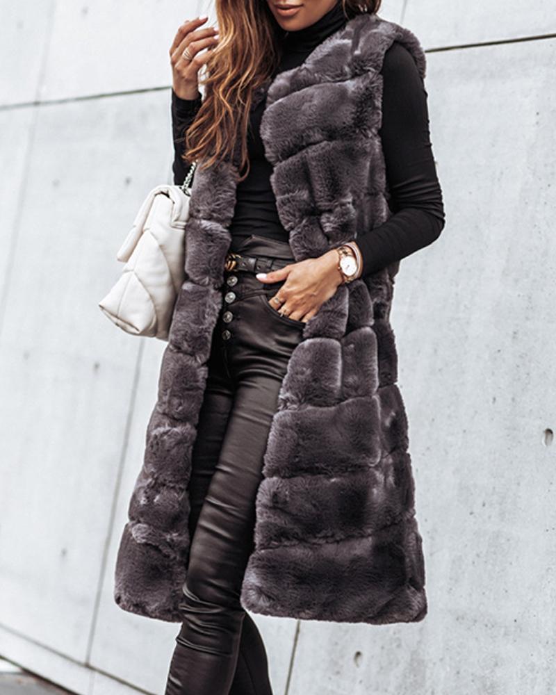 

Faux Fur Open Front Fuzzy Longline Vest Coat, Gray
