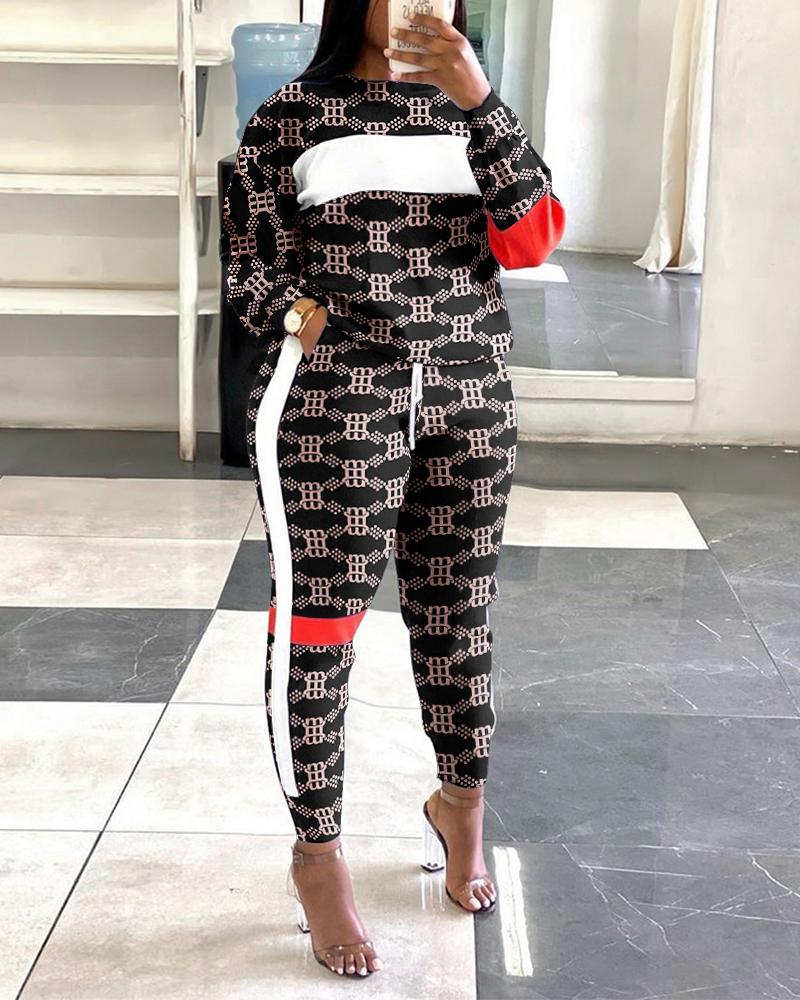 

ChicMe Striped Trim Letter Print Top & Drawstring Pants Set, Pink