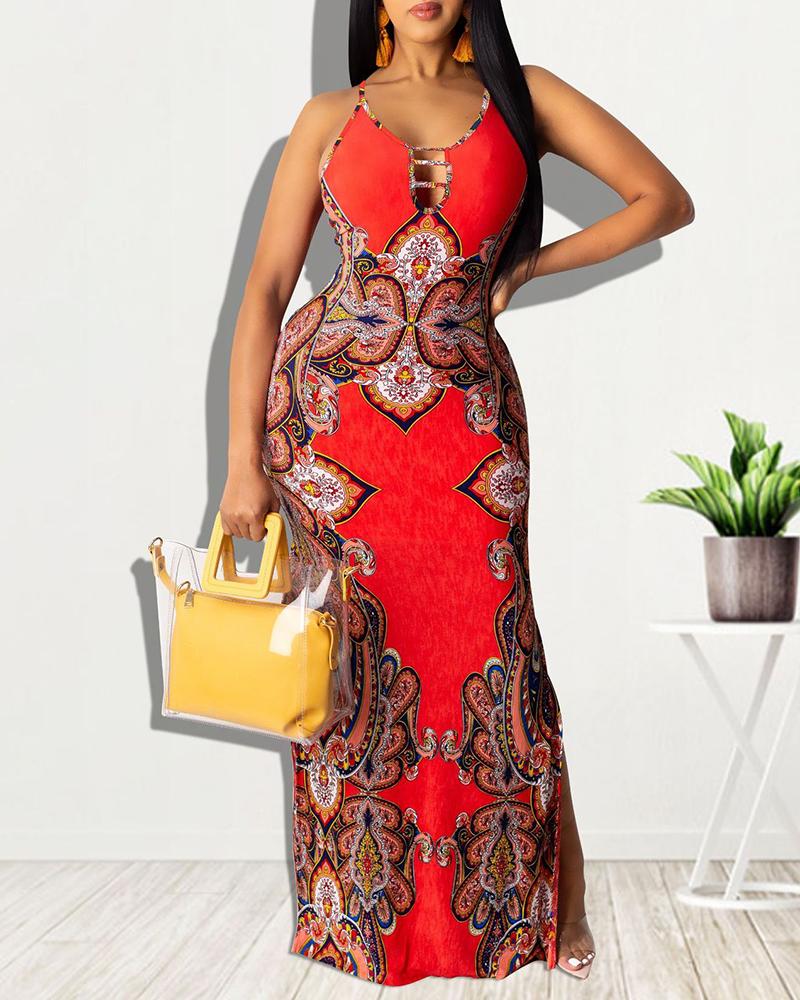 

Graphic Print Crisscross Backless High Slit Dress, Red