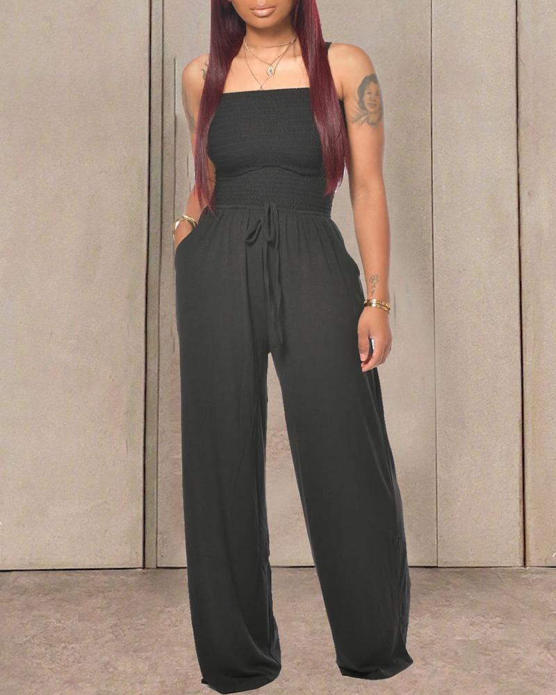 

Bandeau Shirred Pocket Design Wide Leg Jumpsuit, Black